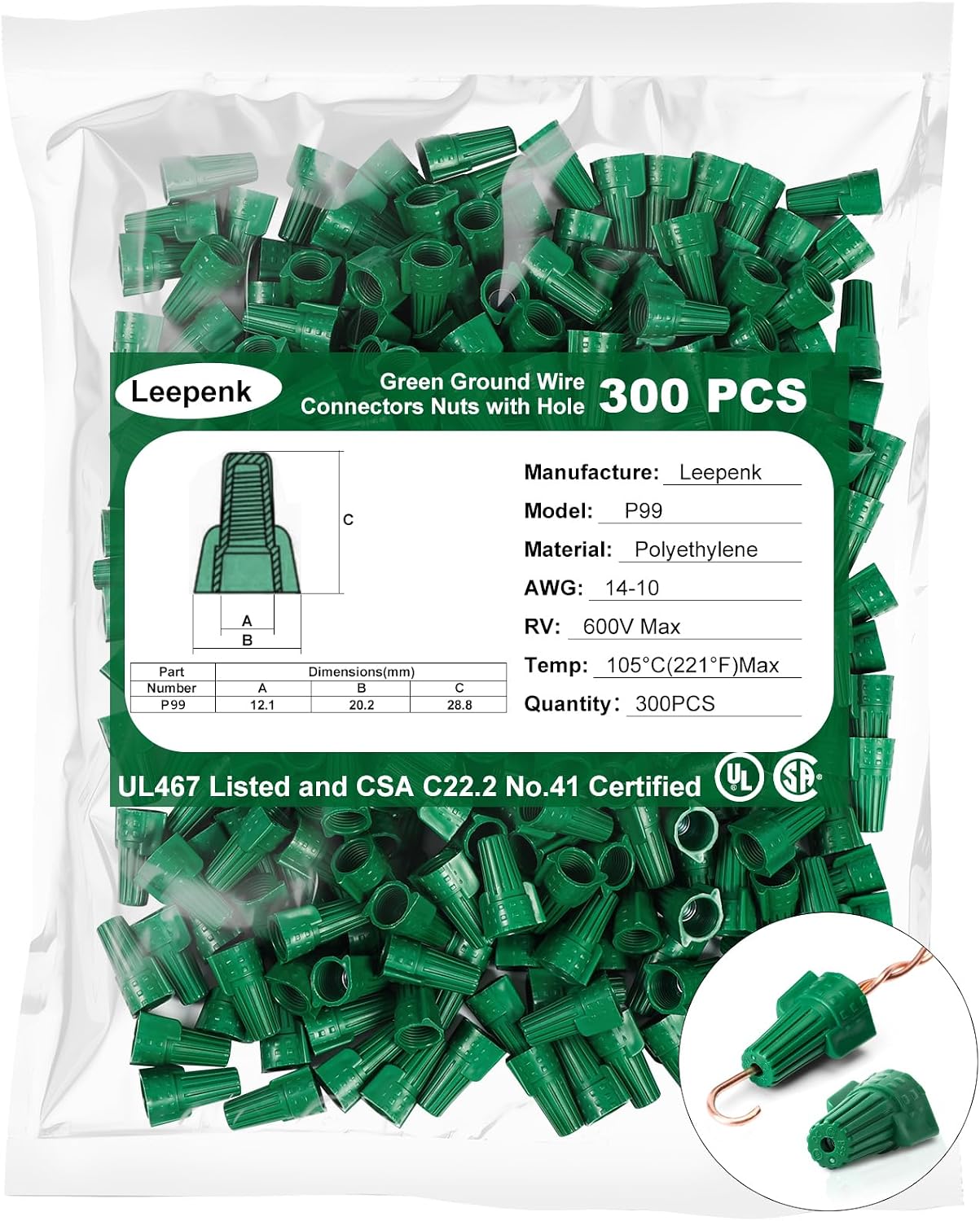 300 Tuercas Alambre Tierra Verdes 14-10 AWG