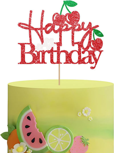 Decoración pastel cereza feliz cumpleaños purpurina roja