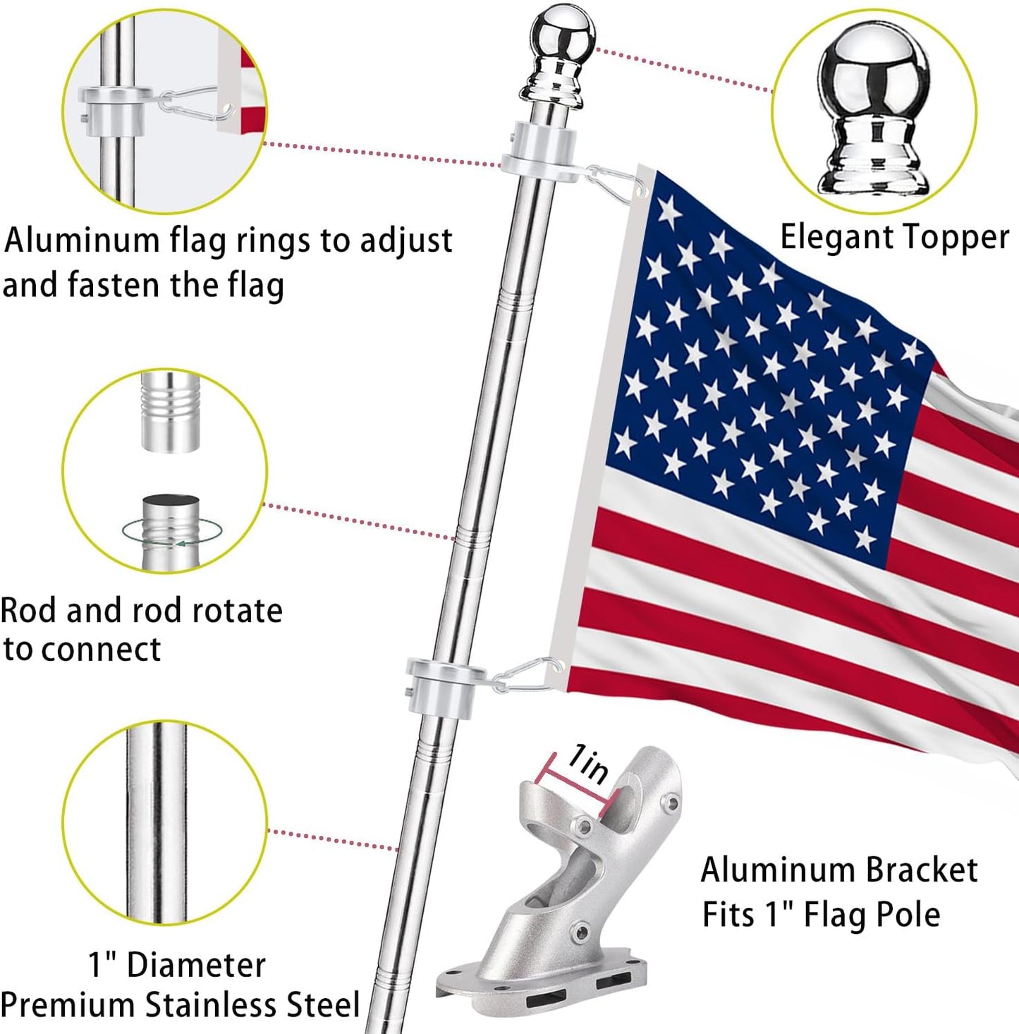 Kit asta bandera 6ft acero inox anillos aluminio sin enredos