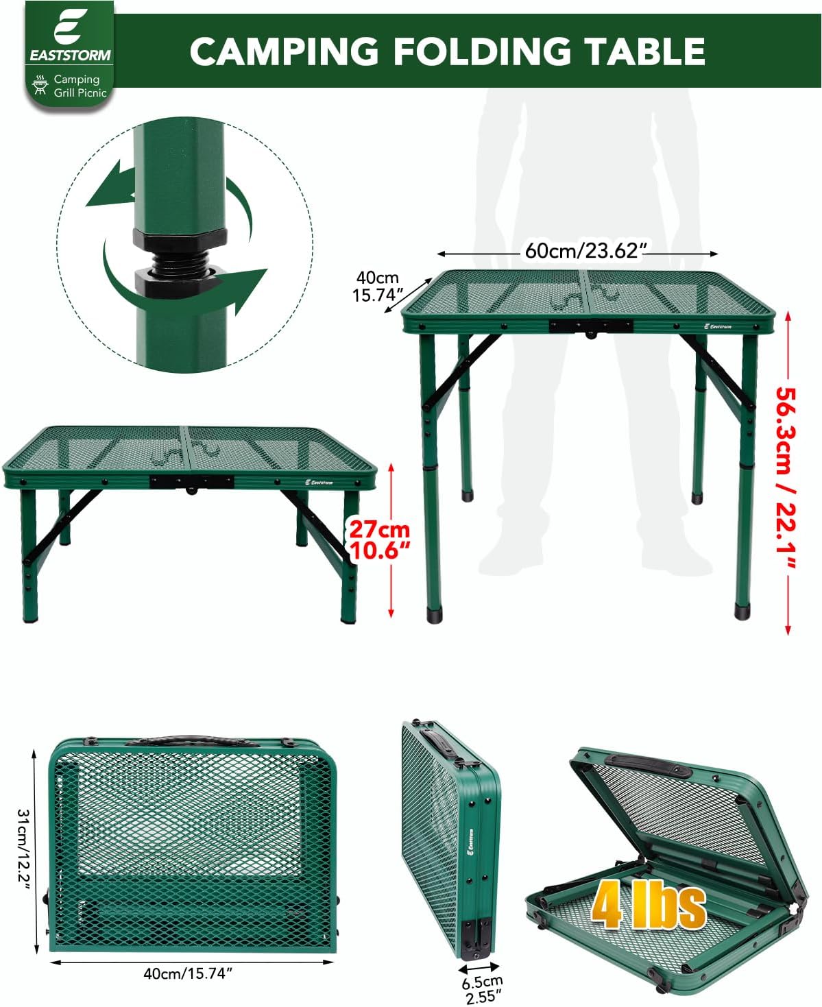 Mesa plegable 2ft altura ajustable malla verde portátil