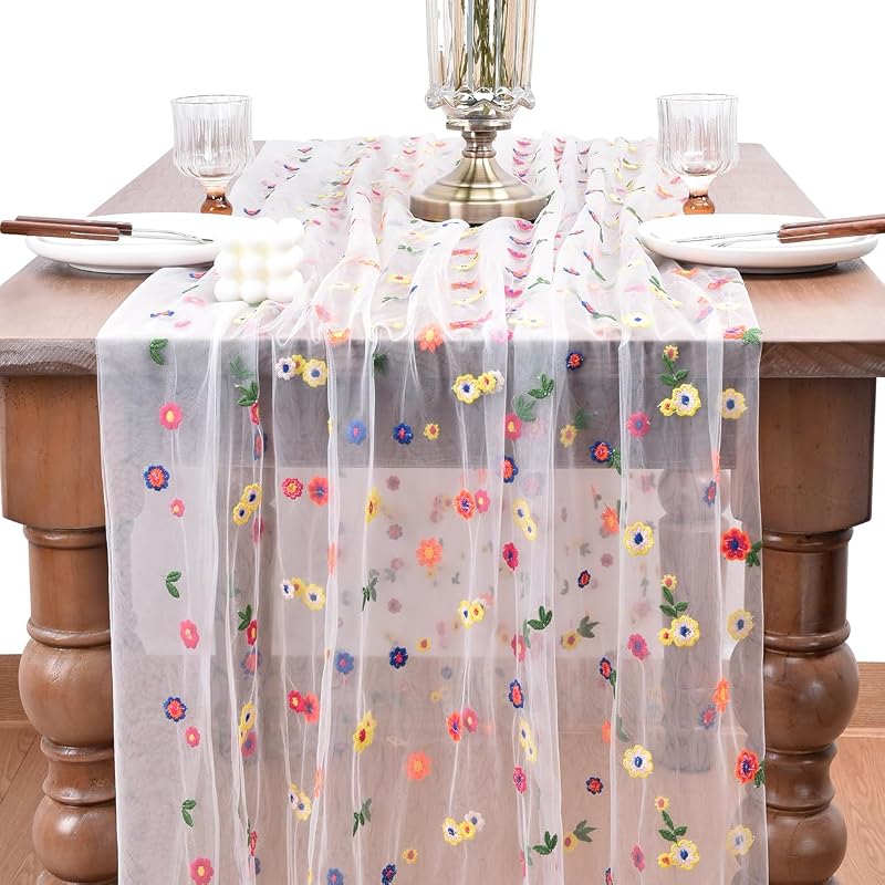 3 Pzas Camino Mesa Floral Tul Marfil Temporada Pascua