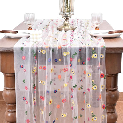 3 Pzas Camino Mesa Floral Tul Marfil Temporada Pascua
