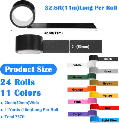 Paquete 24 rollos cinta adhesiva colores 2x11yd resistente agua