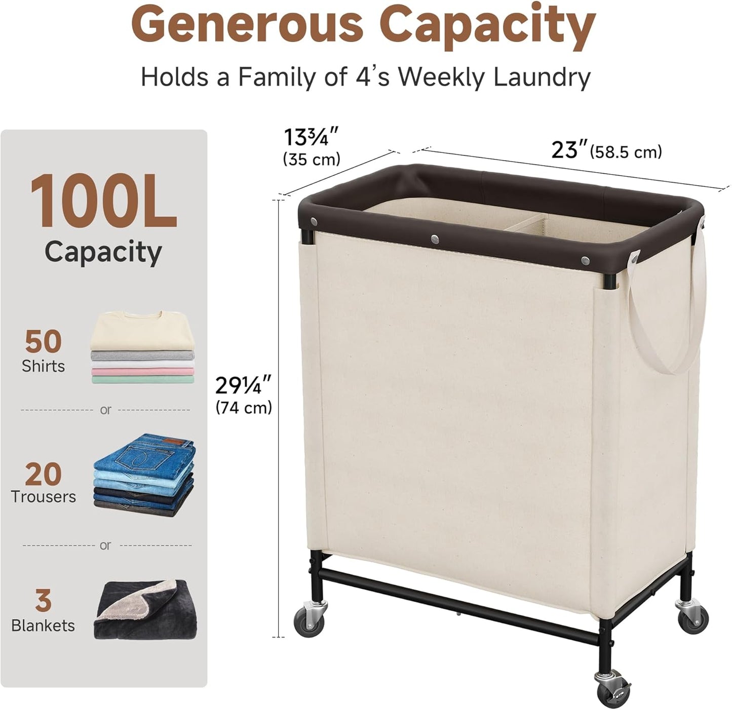 Cesta lavandería 2 secciones carrito rodante beige 100L