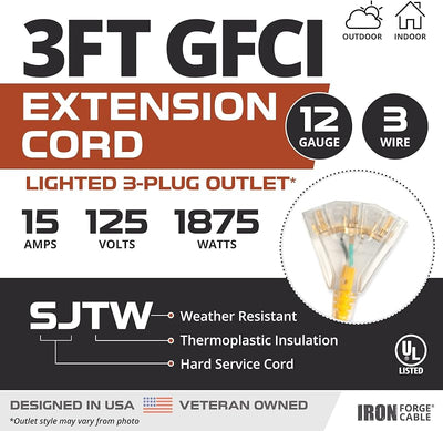 Cable extensión GFIC iluminado 3 pies 3 tomas amarillo
