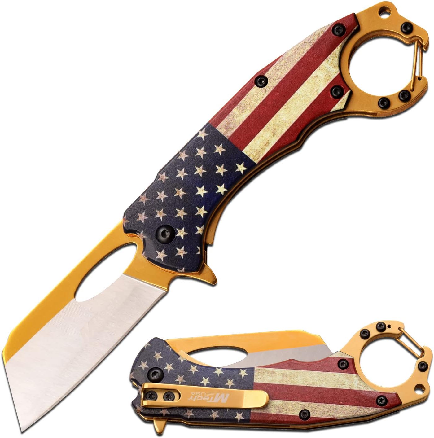 Cuchillo plegable acero inox dorado mango aluminio mosquetón