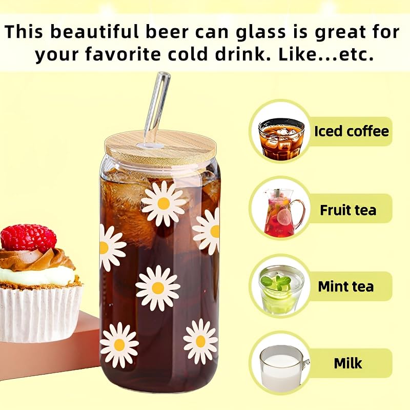 Taza vidrio con margaritas 16oz con tapa y pajita