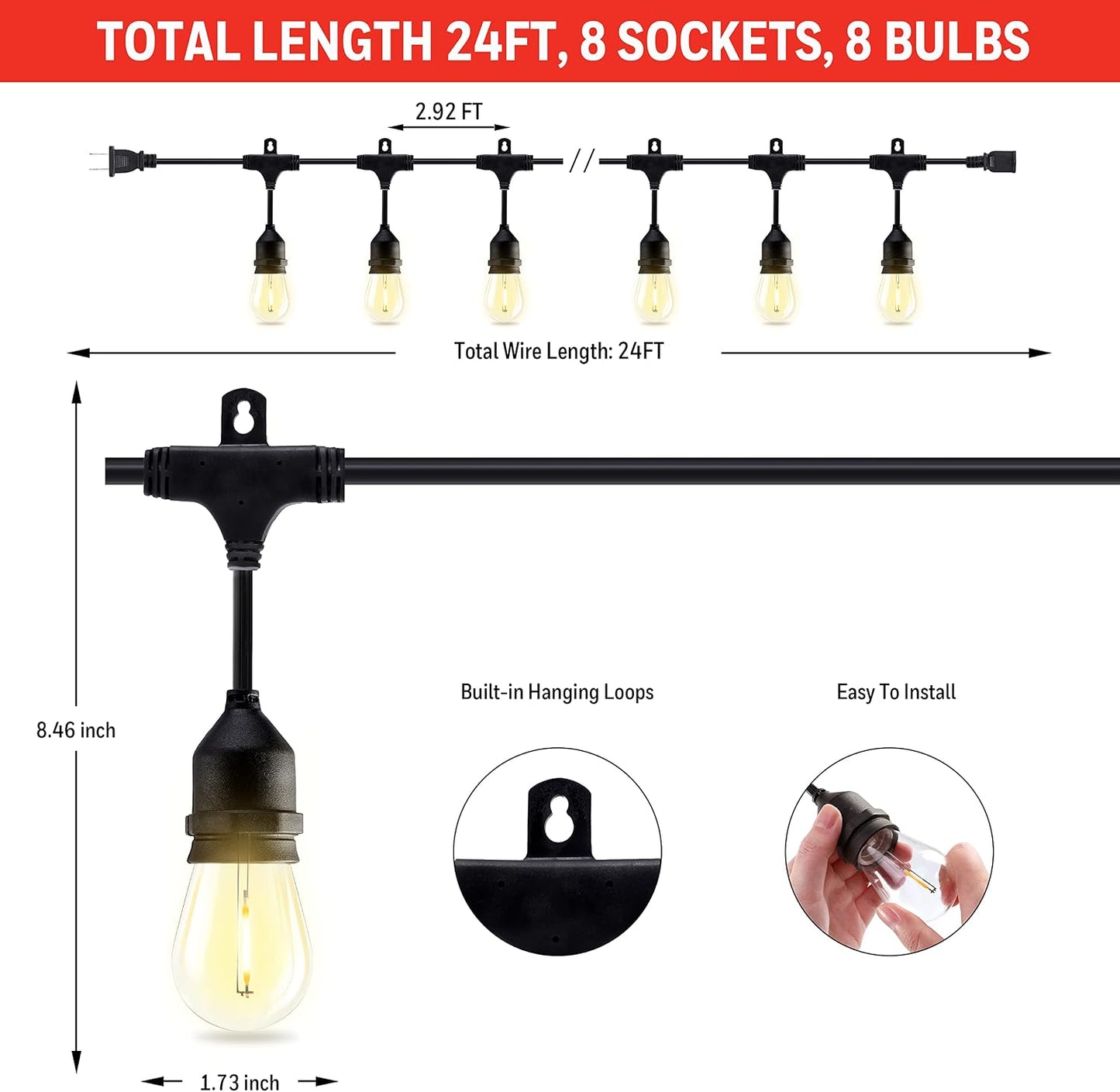 Tira luces LED E26 interior exterior 24pies estilo vintage