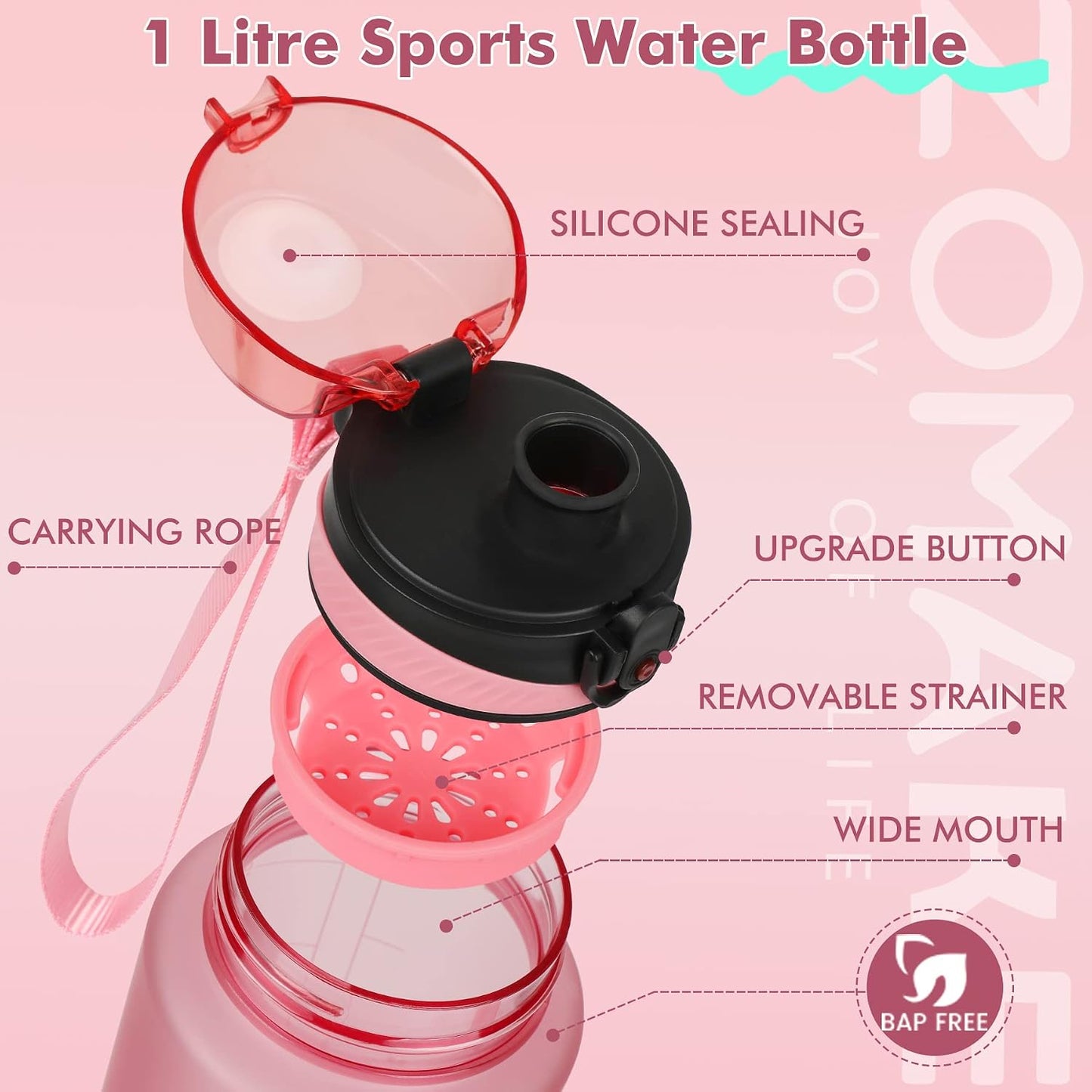 Botella agua Tritan 32oz con marcador tiempo colador