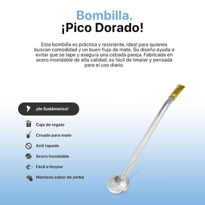 Bombilla acero inox pico dorado para mate argentino