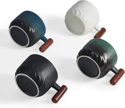 Set 4 Tazas Espresso Cerámica Asa Madera Demitasse