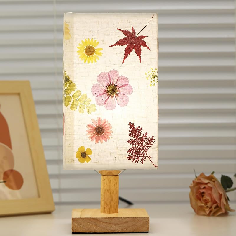 Lámpara Mesa Flores Secas LED 5W Cuadrada Madera