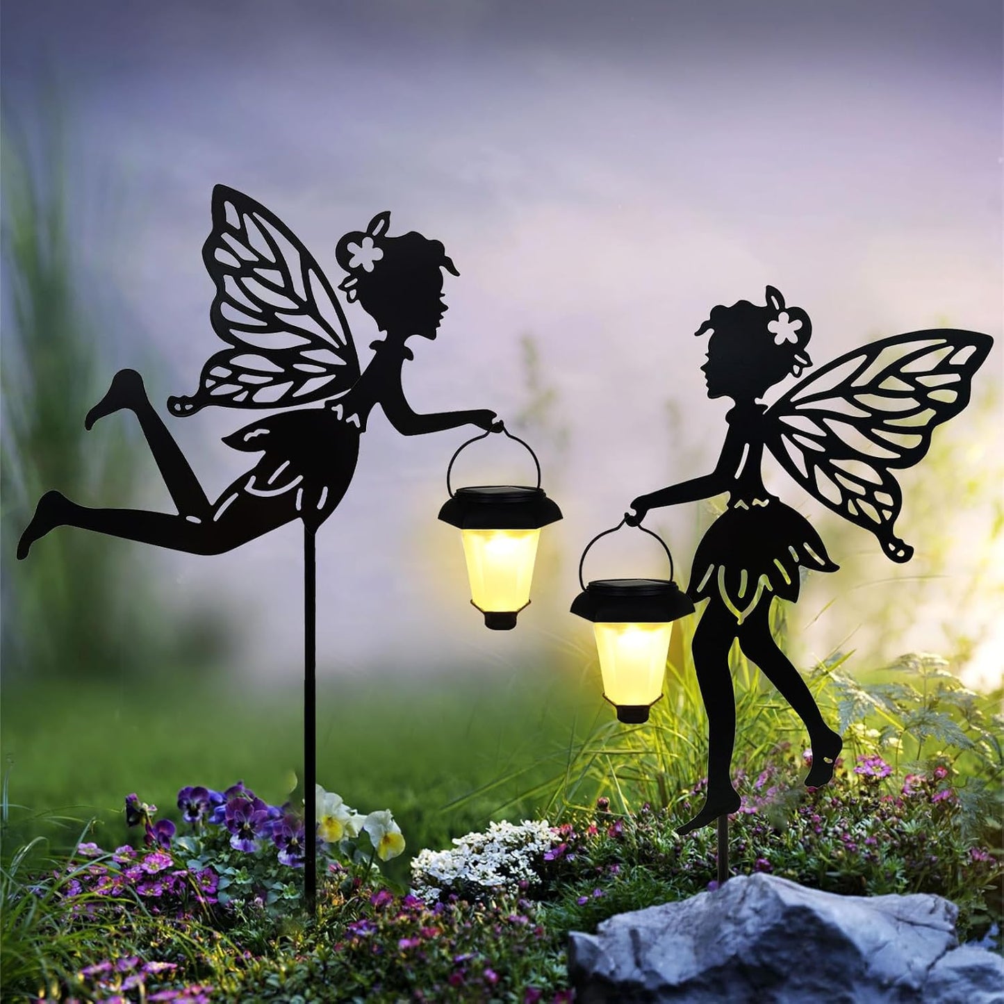 Estaca solar farol hadas con luces ángel 2 pzas jardín