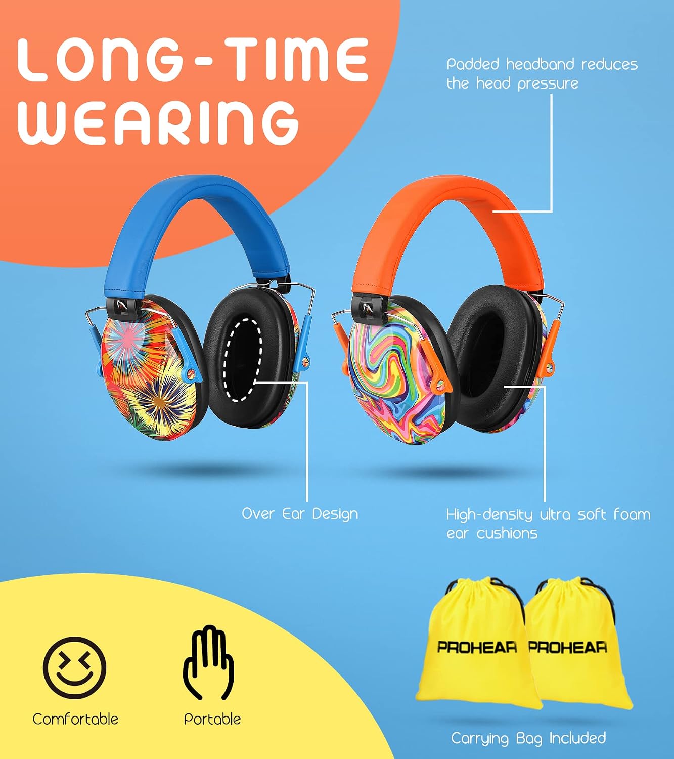 2 Pzas Orejeras Niños Ajustables NRR 25dB Naranja Azul
