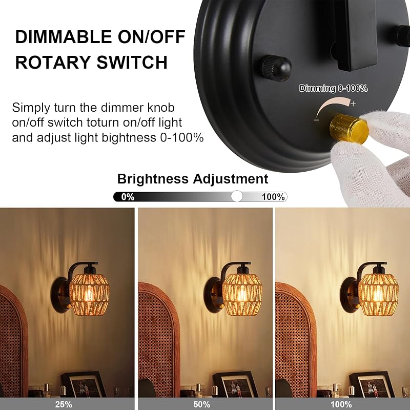 Aplique pared ratán bohemio con interruptor regulable E26