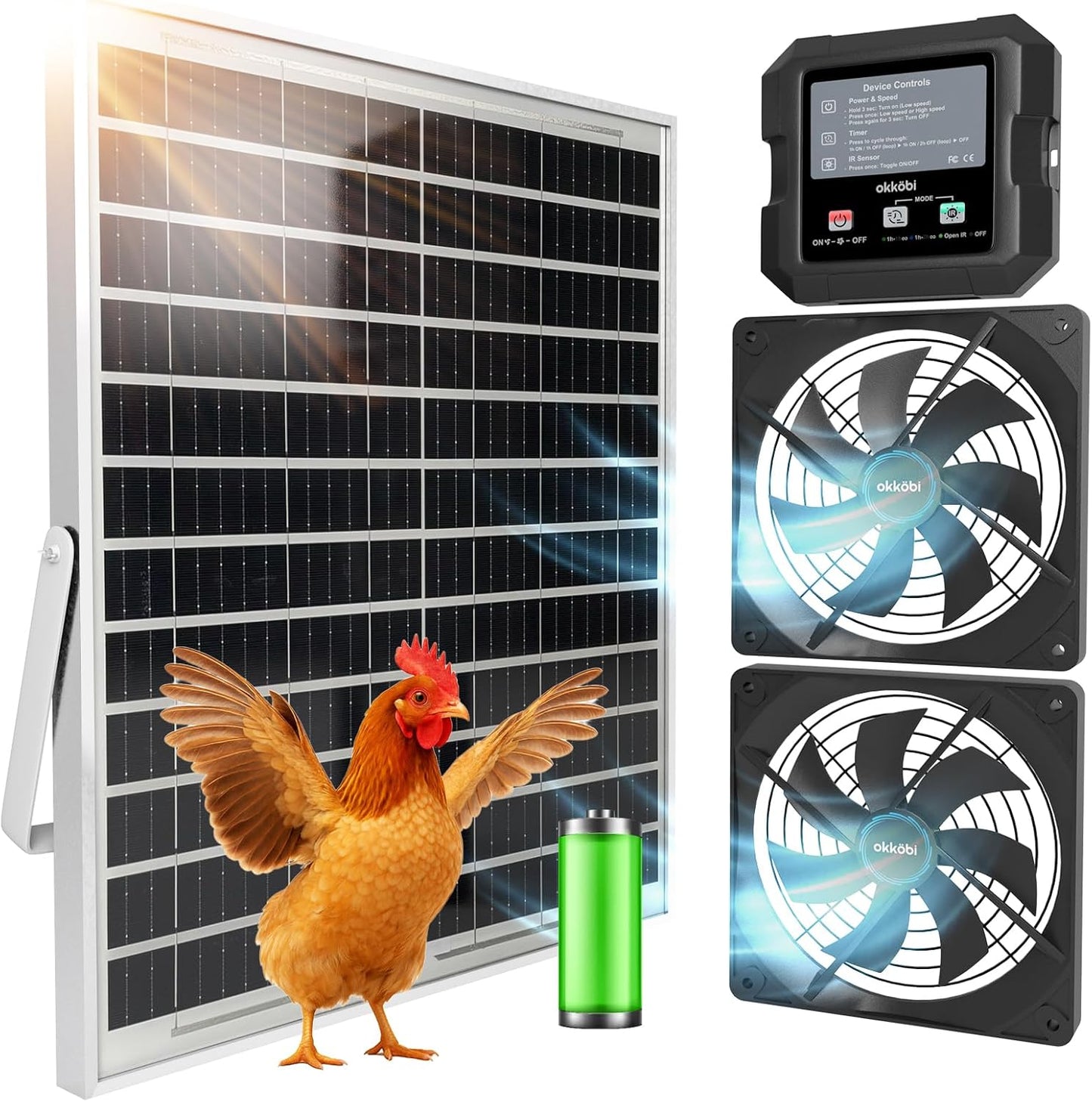 Ventilador solar gallinero invernadero doble con batería 3 modos