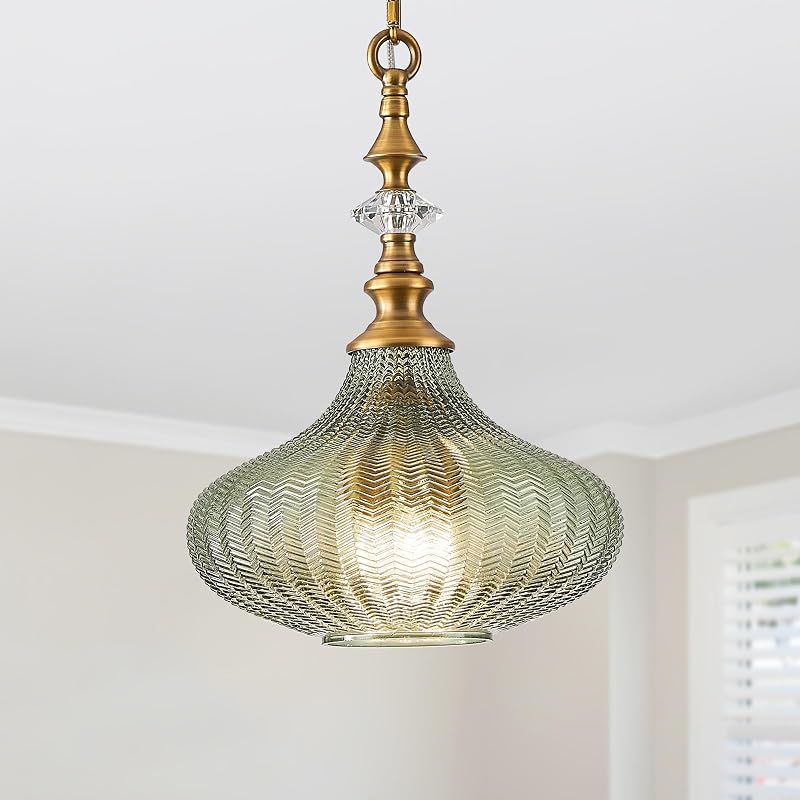 Lámpara colgante 3 luces estilo granja pantalla vidrio verde