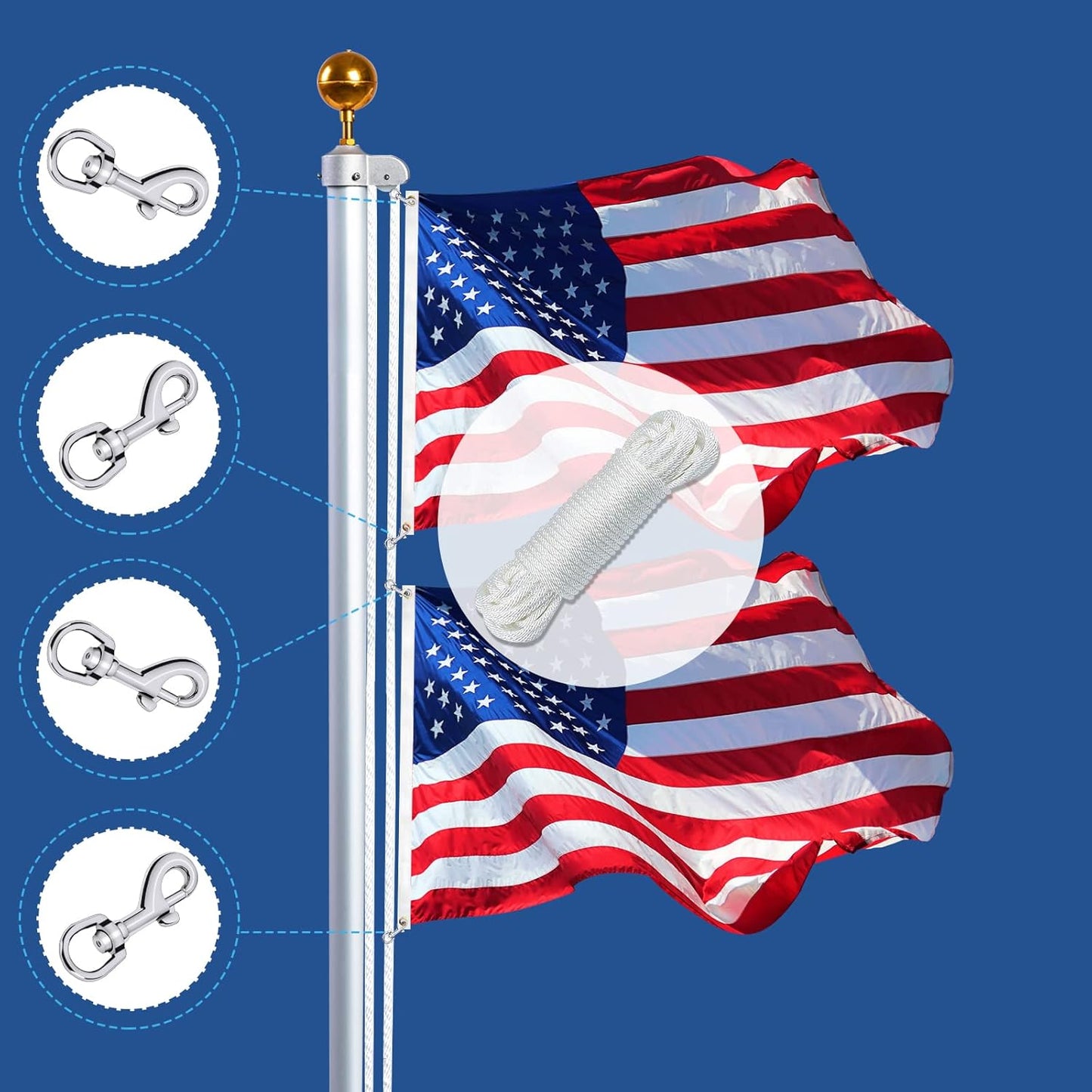 Kit cuerda nailon 50x1/4" con 4 clips bandera 25ft