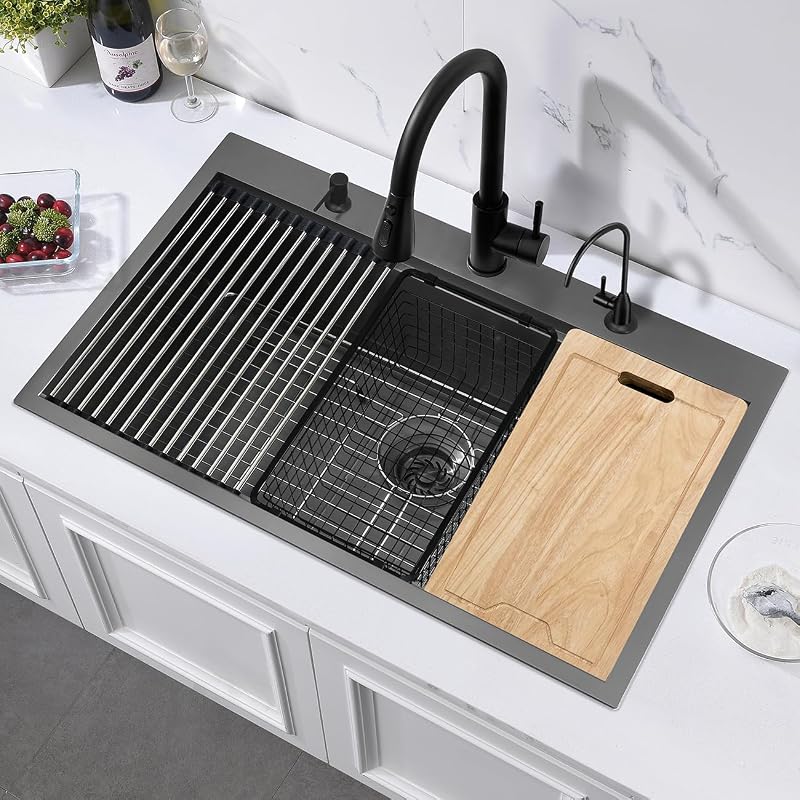 Fregadero cocina 33x22" estación trabajo 3 agujeros negro