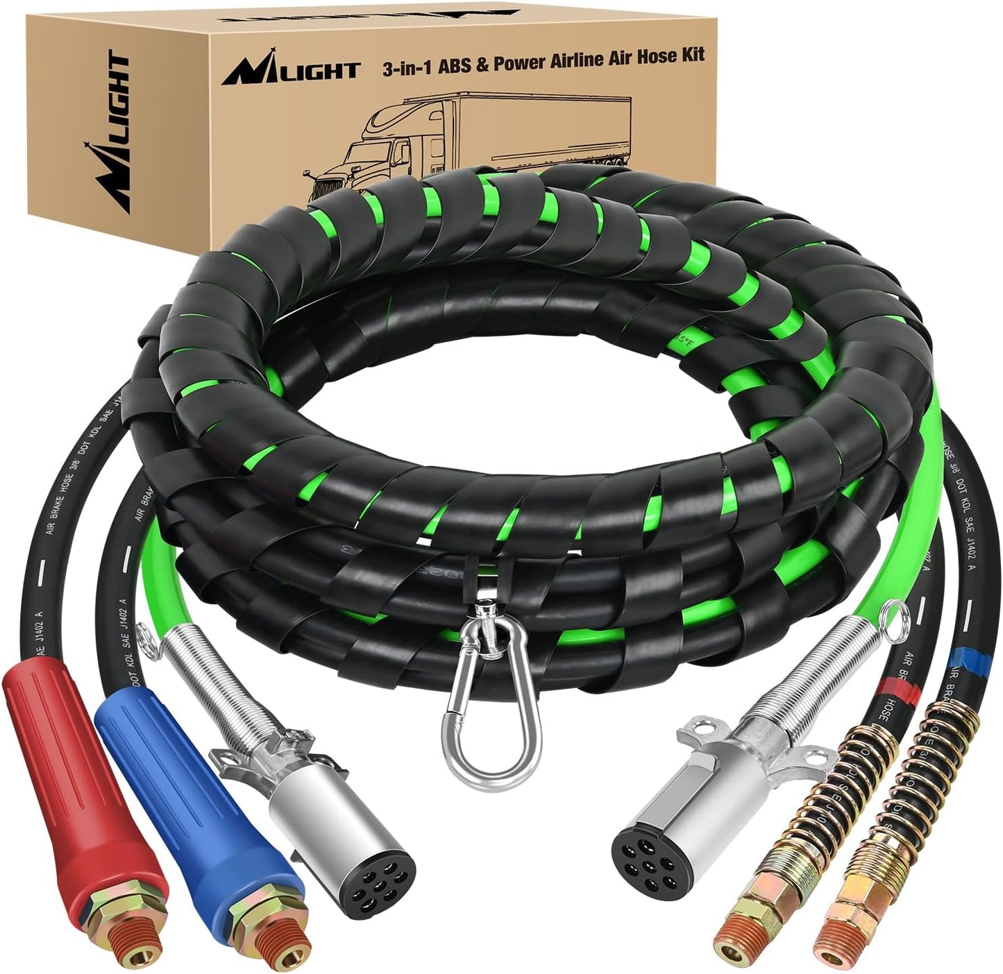 Kit manguera aire 3en1 12ft cable 7vias verde resistente