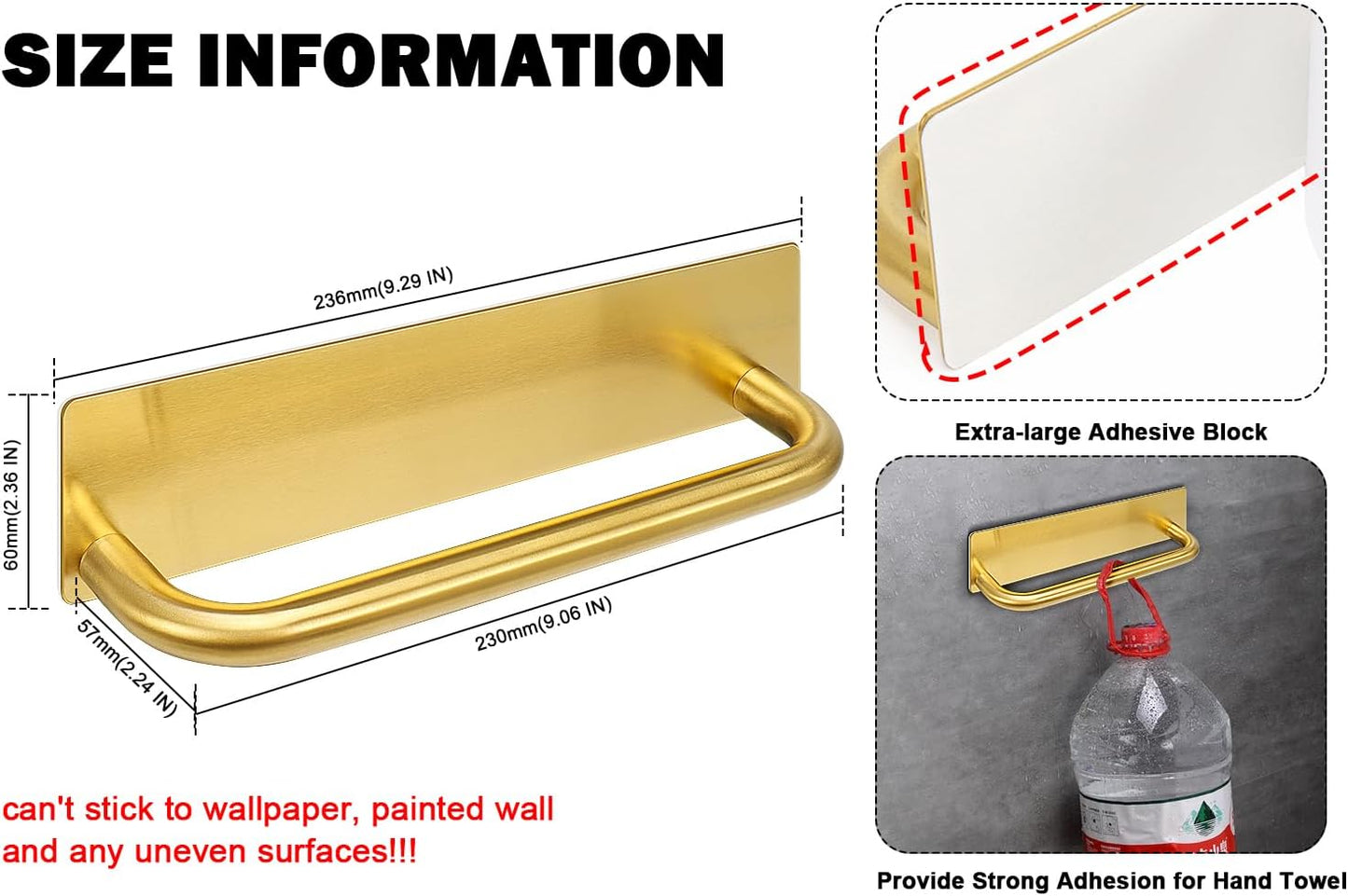 Toallero autoadhesivo acero inox 304 9pulg dorado