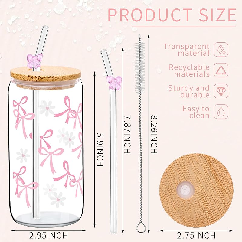 2 Set Vasos Vidrio Lazo Rosa con Tapas y Pajitas para Café Té Boba