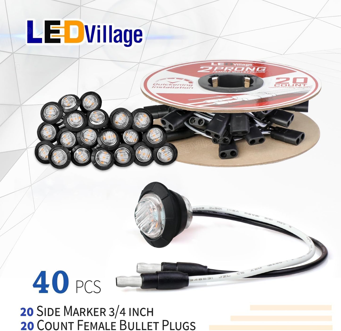 20 Pzas Luz Marcador Lateral 3/4" Ámbar Conector 2 Clavijas
