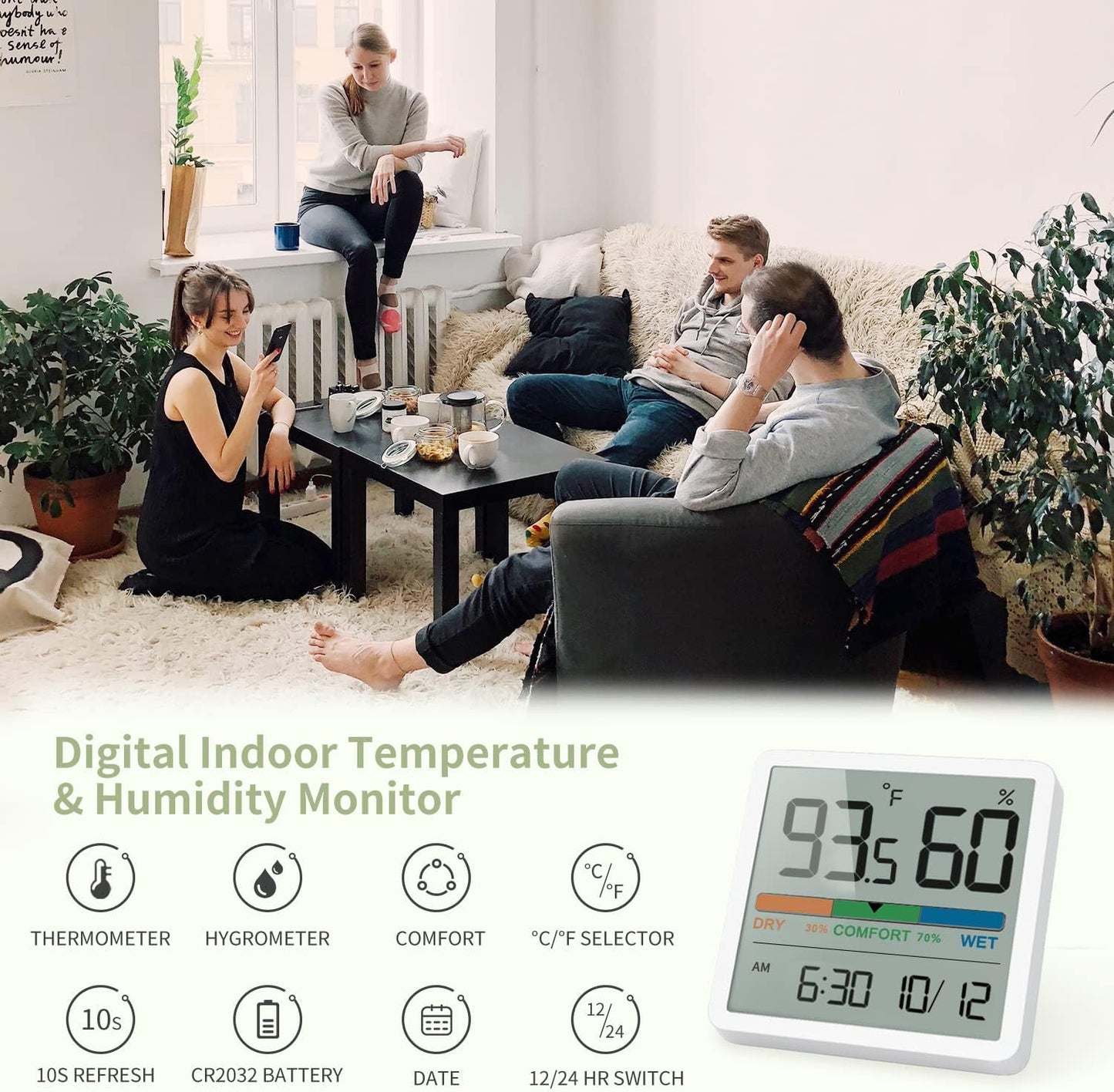 Higrómetro termómetro digital con reloj blanco