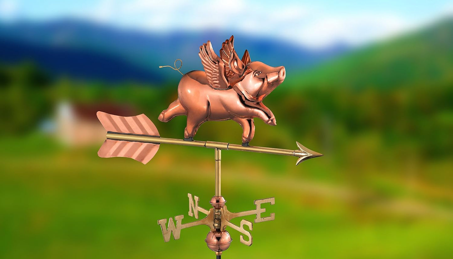 Veleta de cabaña Flying Pig cobre pulido techo