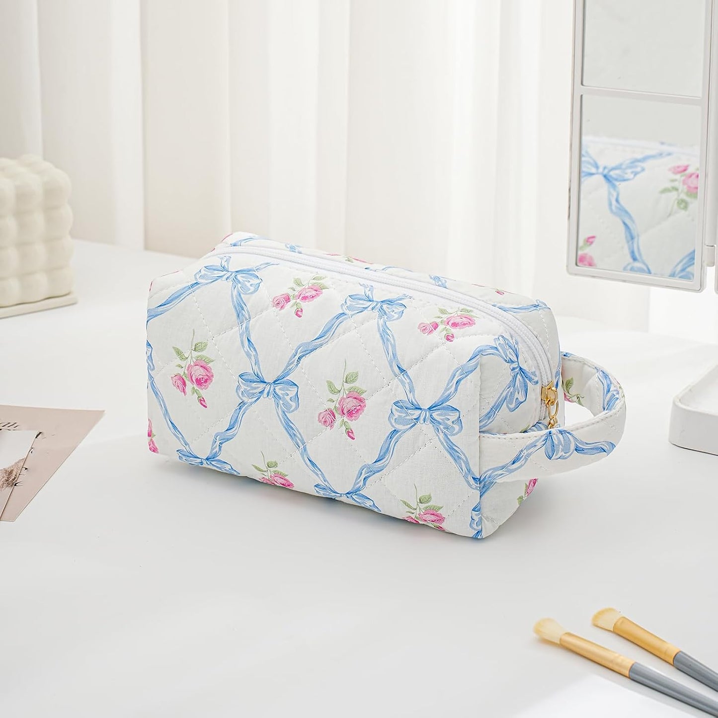 Bolsa maquillaje viaje con cremallera organizadora flores lazo azul