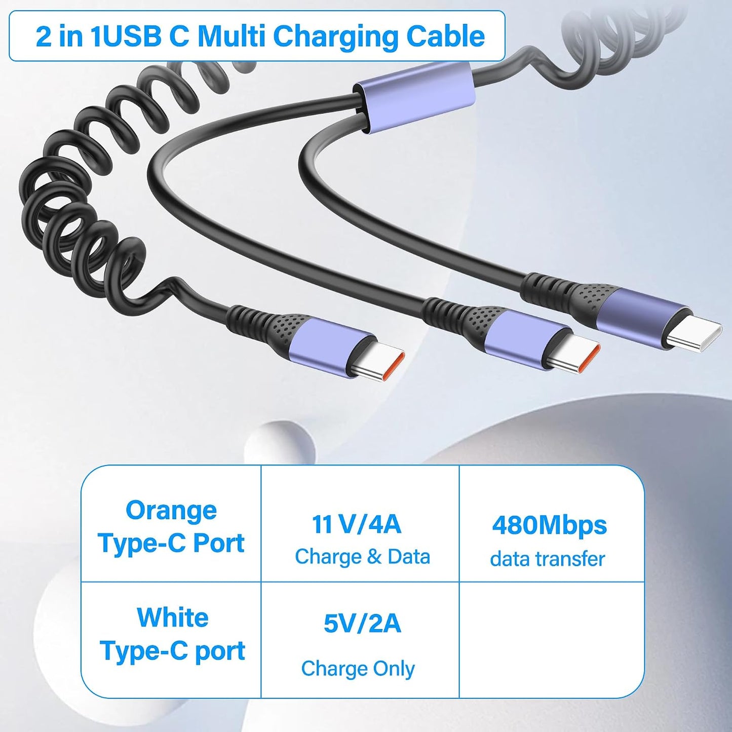 Cable USB C en espiral 4A con 2 puertos carga rápida