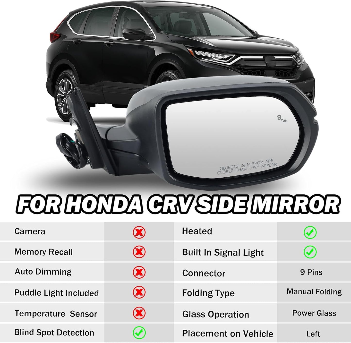 Espejo lateral Honda CRV 17-22 con señal giro calentada BSD