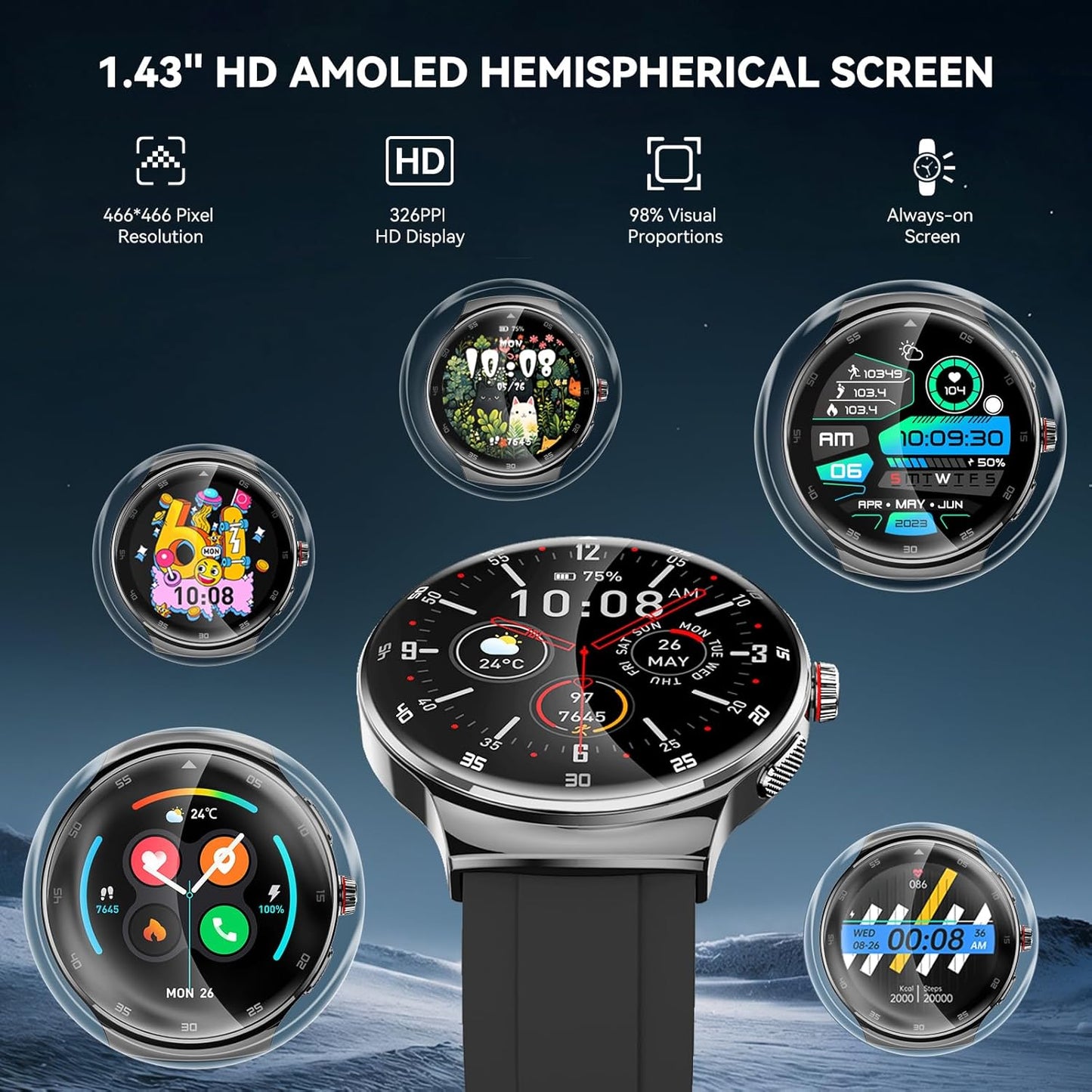 Reloj inteligente AMOLED 1.43" rastreador fitness comp