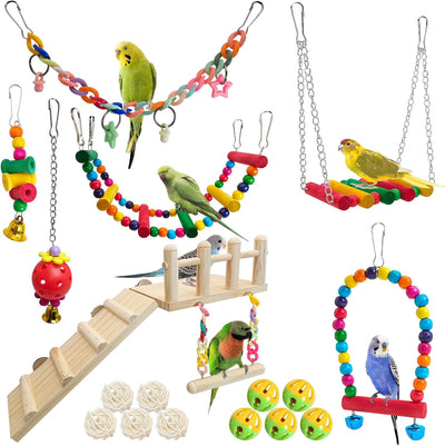 17 Pzas Juguetes Columpio Periquitos Colores Accesorios Jaula