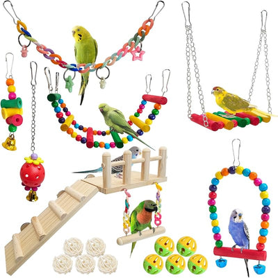 17 Pzas Juguetes Columpio Periquitos Colores Accesorios Jaula