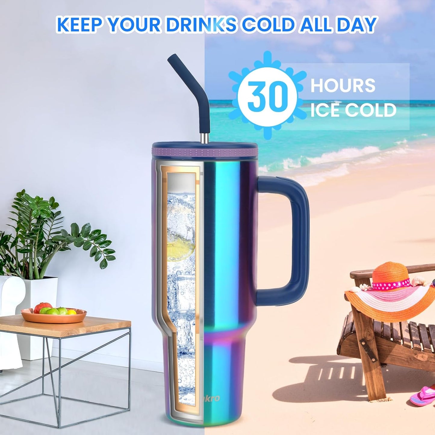 Vaso acero inox 40oz con asa pajita tapa roscada portavasos