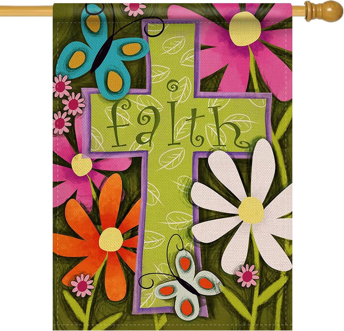 Bandera religiosa Pascua con cruz de flores para jardín
