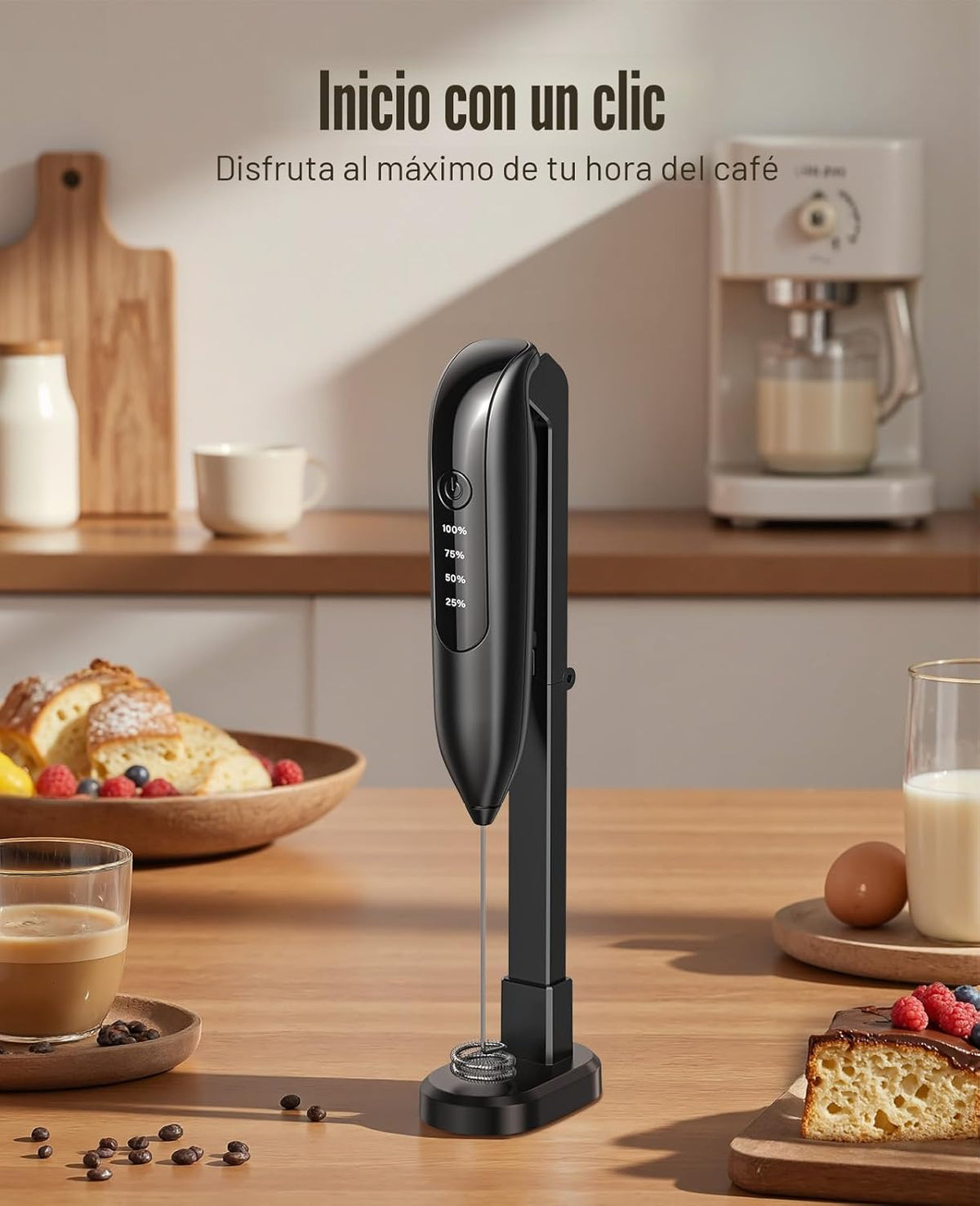 Espumador de leche eléctrico 3 en 1 con pantalla LED y carga inalámbrica