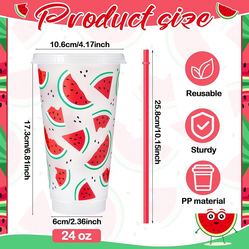 12 Vasos Plástico Sandía 24oz Reutilizables con Tapa y Pajita