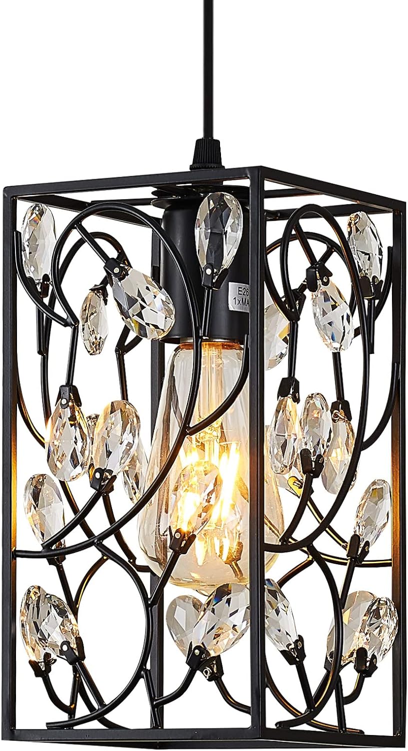 Lámpara colgante rectangular cristal jaula metal 1 luz negro
