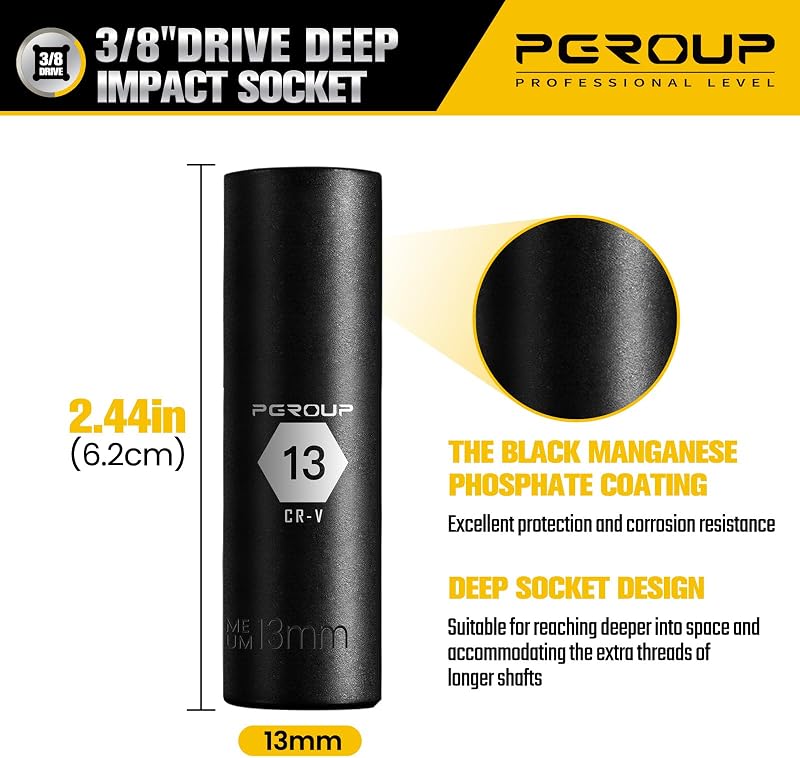 Dado impacto profundo 3/8 6 puntos acero Cr-V negro