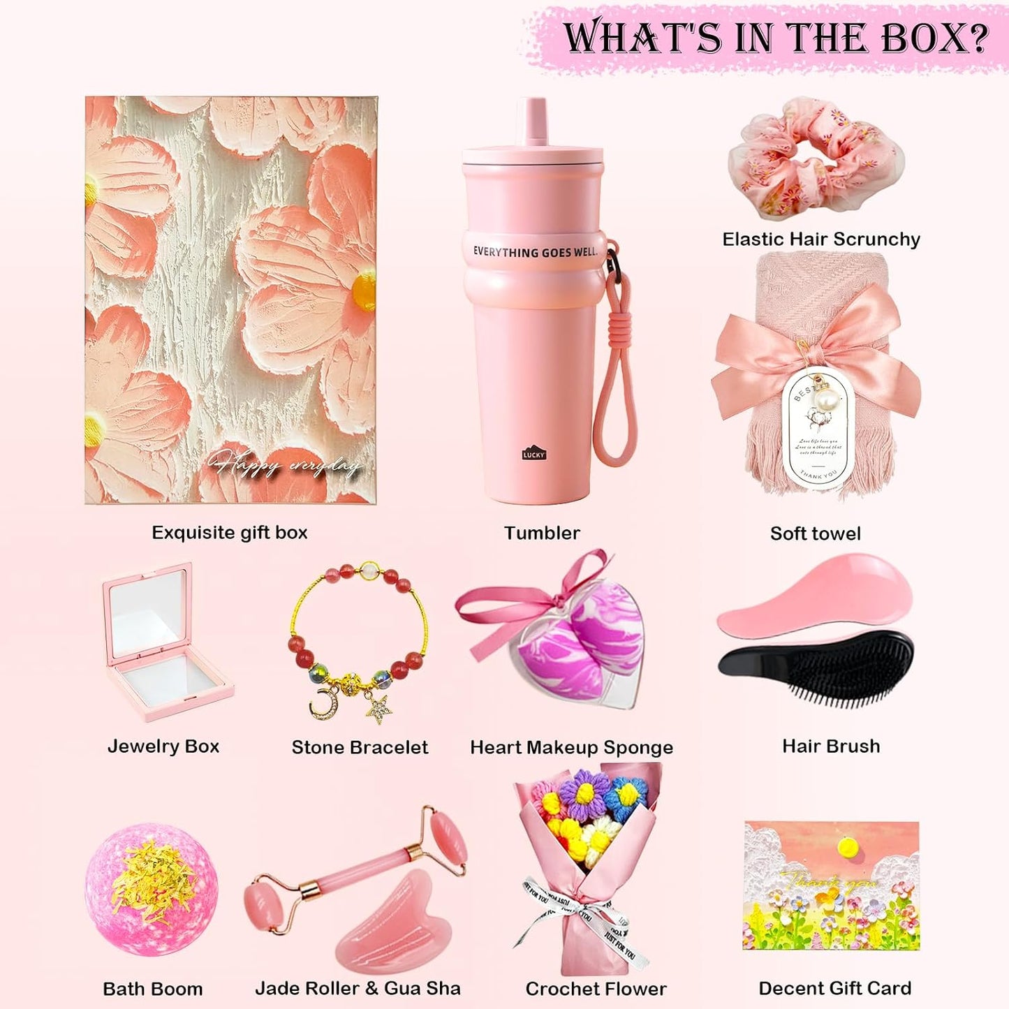 Cesta regalo rosa para mujer 14 pzas accesorios baño spa
