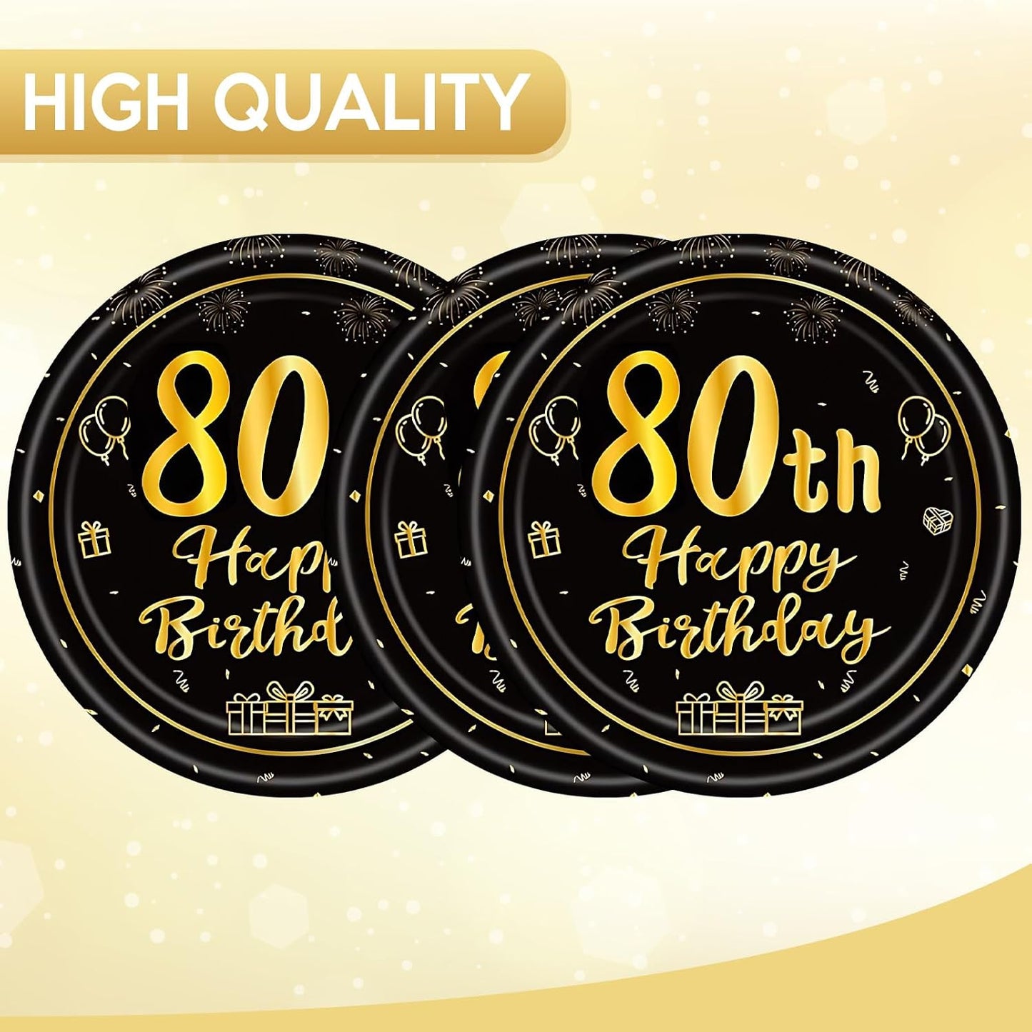 50 Platos Cumpleaños 7pulg Negro Dorado 80 Años