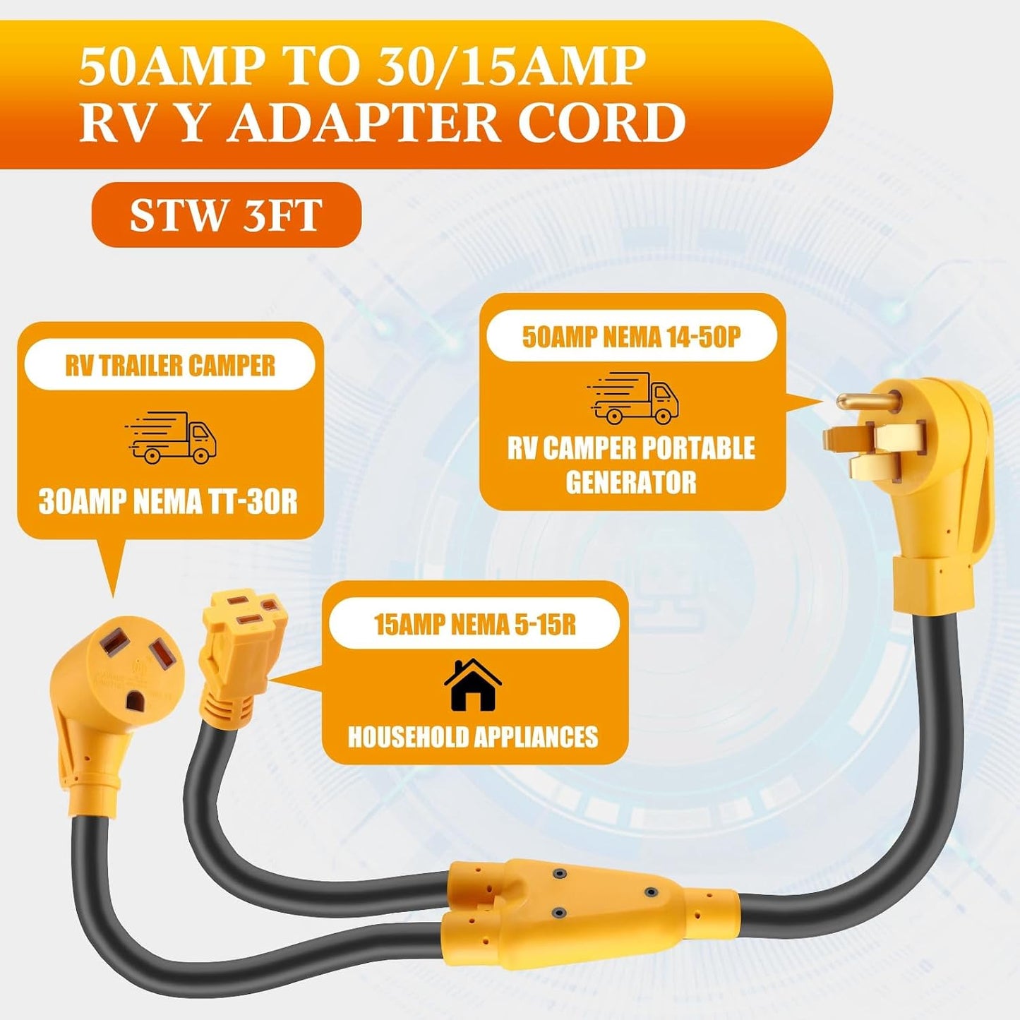 Cable alimentación RV adaptador NEMA 14-50P a TT-30R y 5-15R