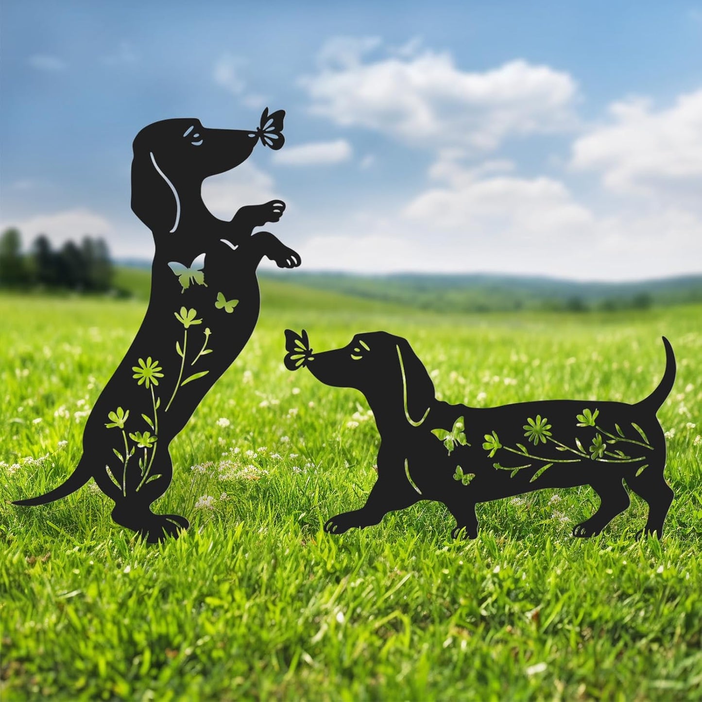2 Pzas Estatuas Perro Salchicha Metal Exteriores Jardín