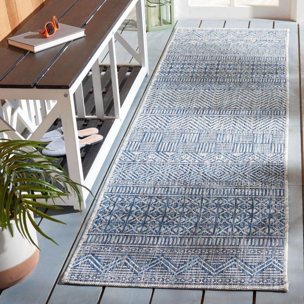 Alfombra exterior lavable 2.3x14ft gris y azul marino