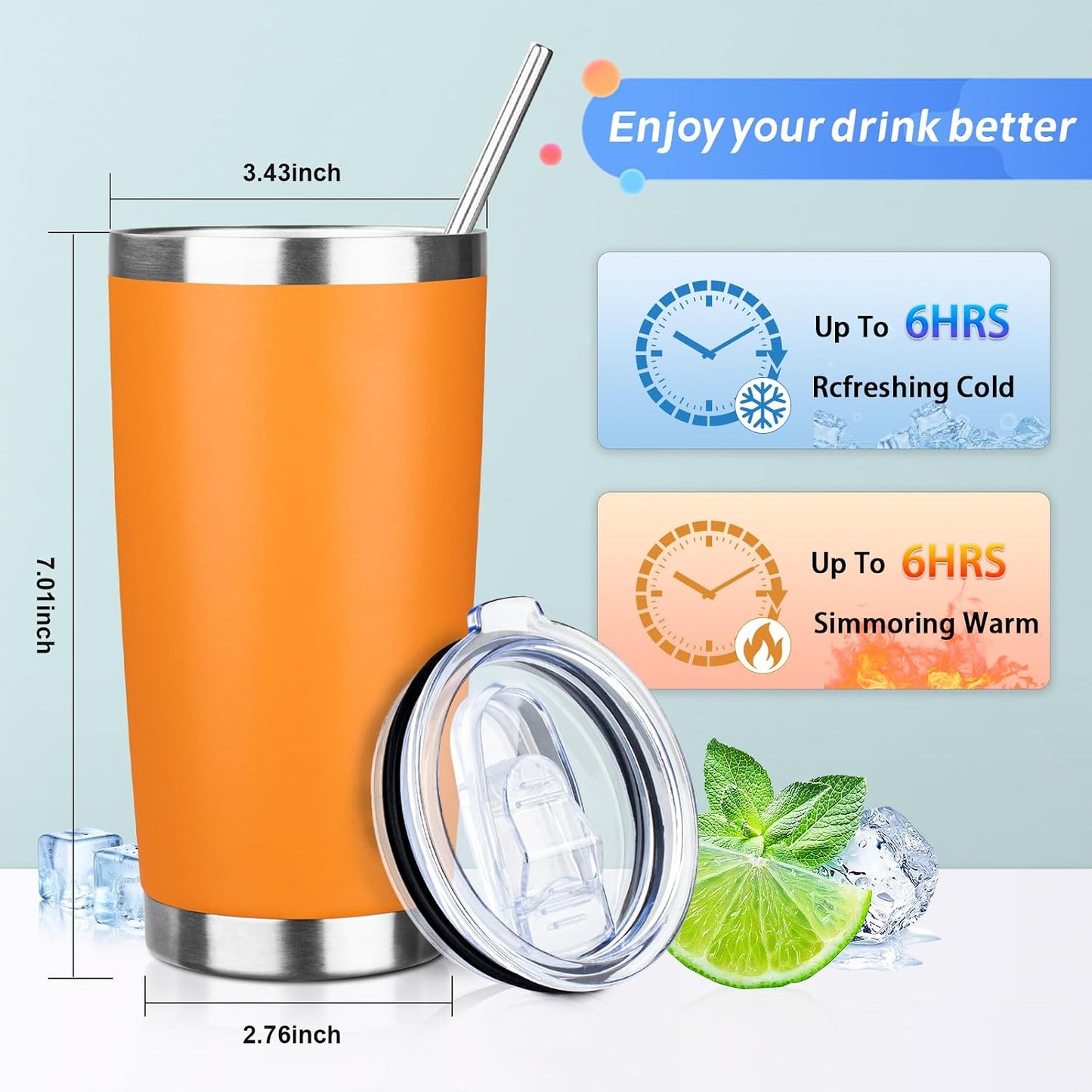 Vaso térmico acero inox con popote y cepillo naranja