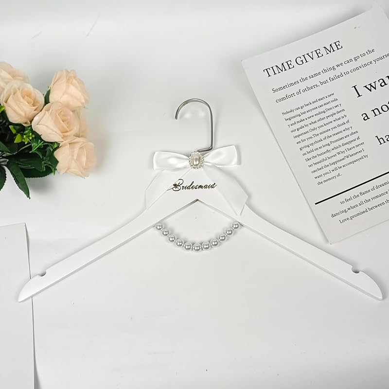 6 Perchas Dama Honor Madera Blanca con Lazo y Perlas