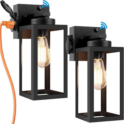 2 Luces pared exterior sensor toma corriente negras