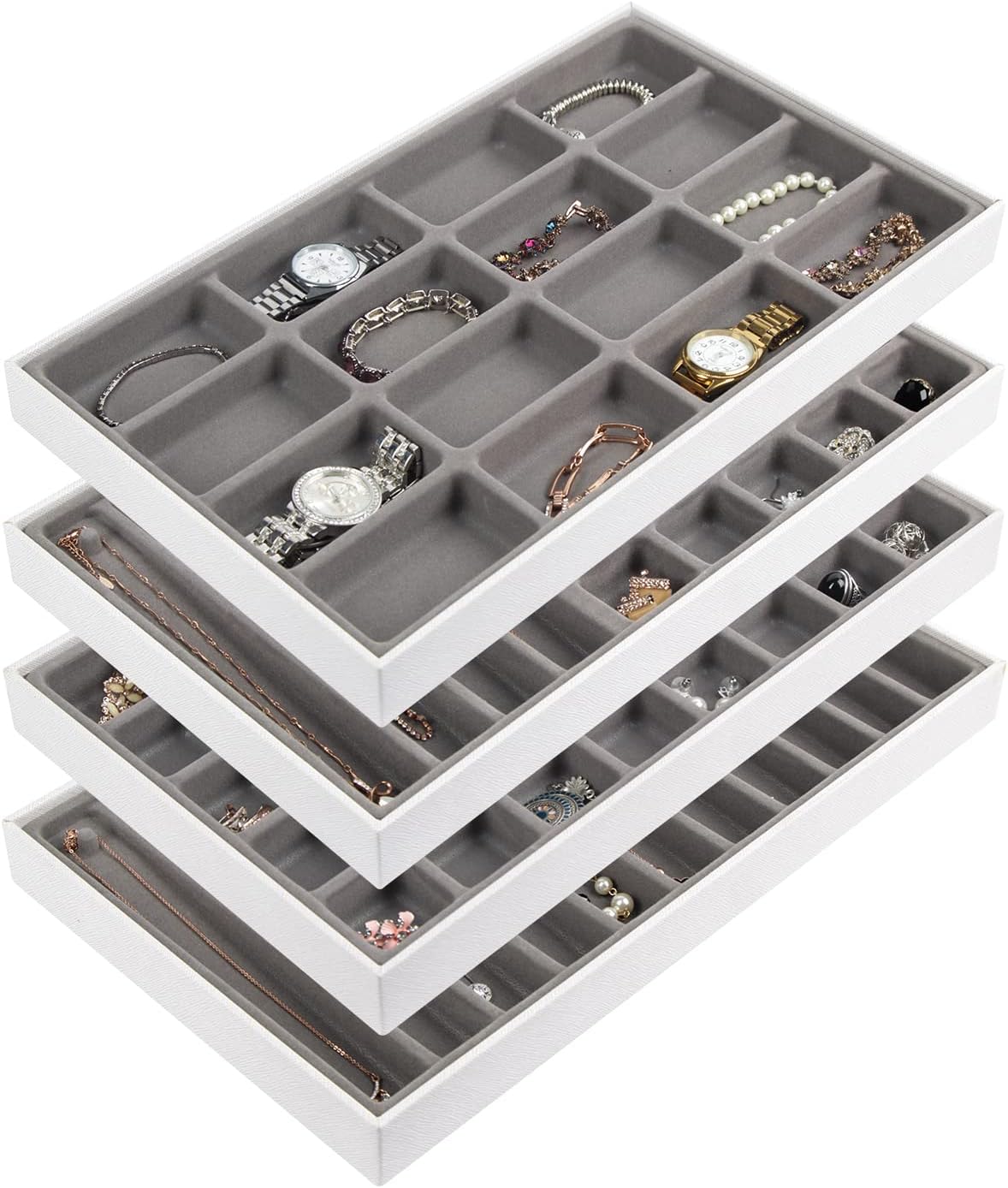 Bandejas apilables cuero sintético para joyas set 4 blanco